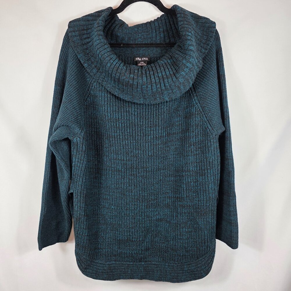 City Chic Cowl Neck Sweater Women's Size 18 Green & Black Marled Rounded Hem NEW